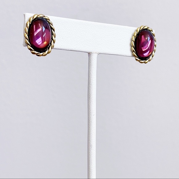 Gold Tone Twist Oval Faux Purple Cabochon Earrings - Picture 3 of 7